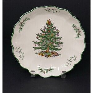 Spode Christmas Tree Green Trim Round Scalloped Dish Bowl S3324-V
